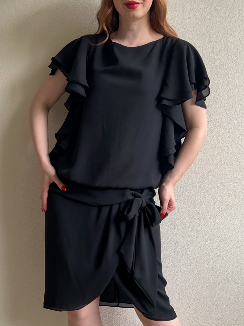 Vintage 1970s Black Ruffled Chiffon Summer Dress (M)